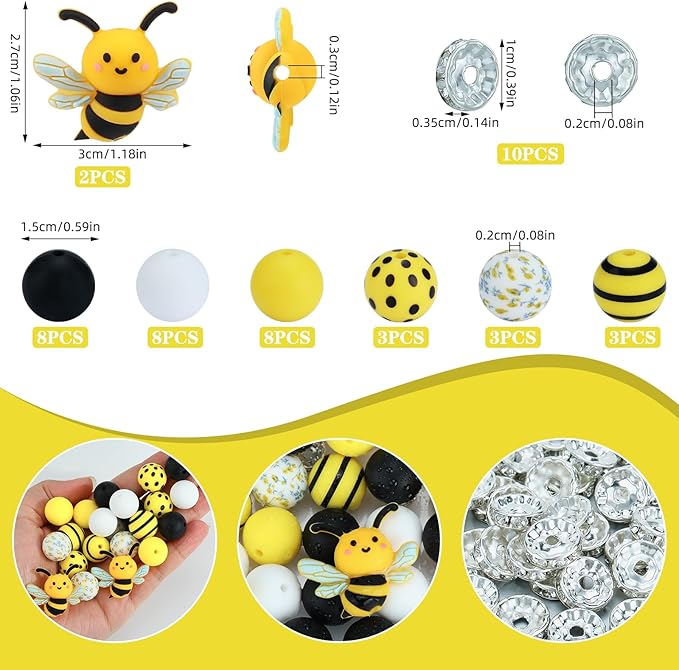 45 Pcs 15mm Silicone Beads 3D Animal Focal Beads for Pens Printed Silicone Beads Bulk for Keychain Bracelets Making and Other Handmade Crafts（Bee