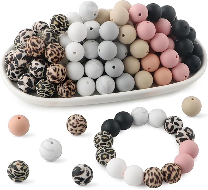 70Pcs Print Silicone Beads for Keychain Making,Round 15mm Silicone Beads for Pens, Necklace and Bracelets Making（Classic Leopard）