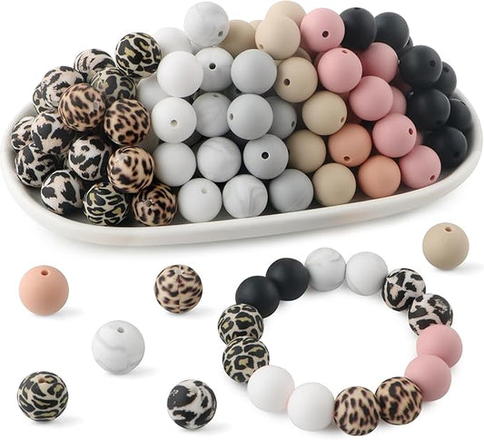 70Pcs Print Silicone Beads for Keychain Making,Round 15mm Silicone Beads for Pens, Necklace and Bracelets Making（Classic Leopard）
