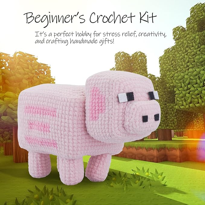 Crochet Kit for Beginners, Pig Crochet Kit for Adults with Step-by-Step Video Tutorials,Learn to Craft Amigurumi Stuffed crochet Animal kit,Knitting Kit for Birthday