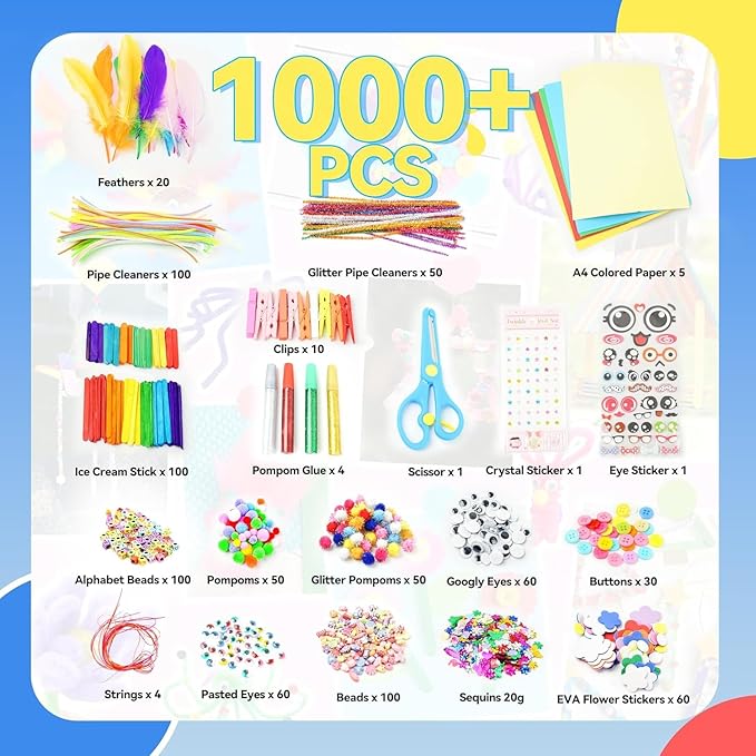 smilesskiddo arts craft supplies for kids - 1000+ pcs toddler diy craft art supply set, portable 3 layered folding storage box school craft projects - gifts for girls crafts for girls ages 4-8 8-12