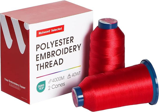 Poolin Embroidery Thread, Huge Spool Richword Selected 2 Rolls Red 4000M(4374Y) 40WT Polyester Thread for All Embroidery Machines