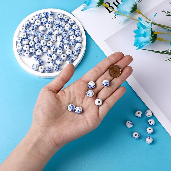 Ceramic Beads, 100Pcs Round Porcelain Beads 8 mm Blue Flower Printed Spacer Beads Handmade Porcelain Craft Beading Kit for Jewelry Making Supplies DIY Crafts Bracelets Necklace