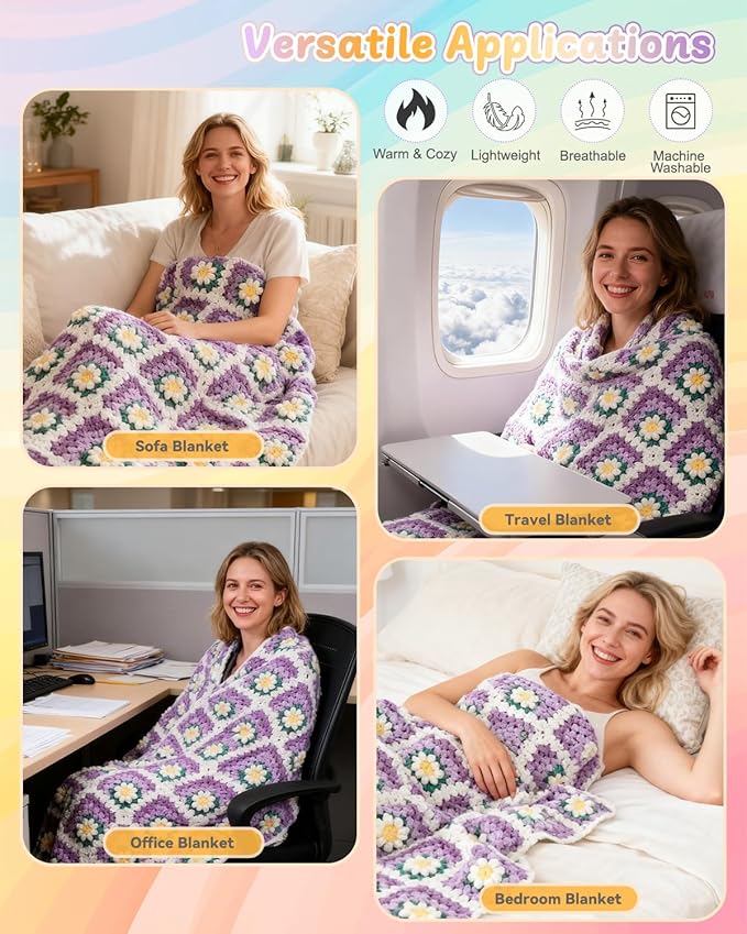 Coopay Blanket Crochet Kit for Beginners, All-in-One Granny Square Blanket Kit with Step-by-Step Video & Enough Yarns - Master 3D Granny Square Crocheting Easily, Ideal Gift for Craft Lovers (Purple)