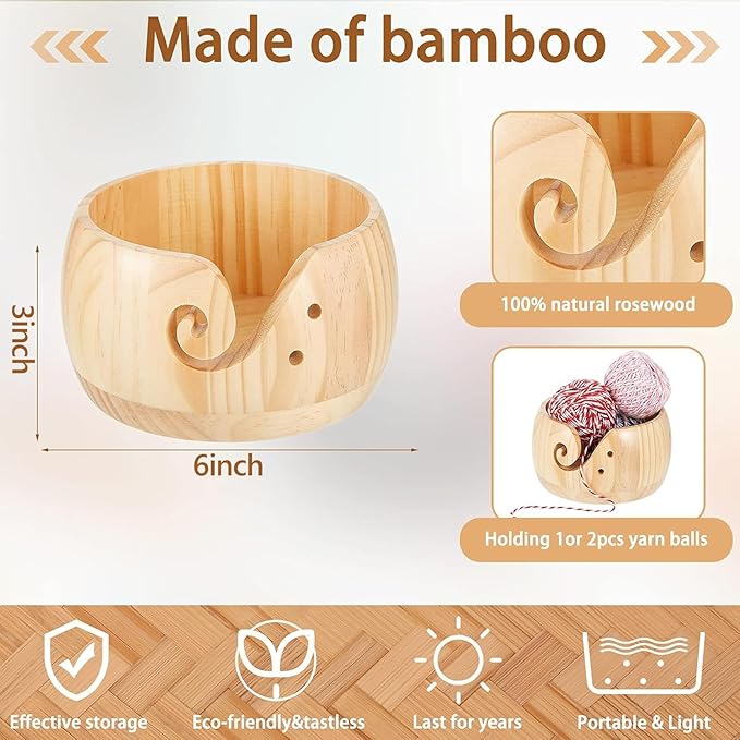 Patelai 6 x 6 x 3 Inch Wooden Yarn Bowls for Crocheting Round Knitting Wool Storage Yarn Bowl Handmade with Holes 12 Pieces Crochet Hooks for Knitting DIY Crafts Tools(Natural Color)