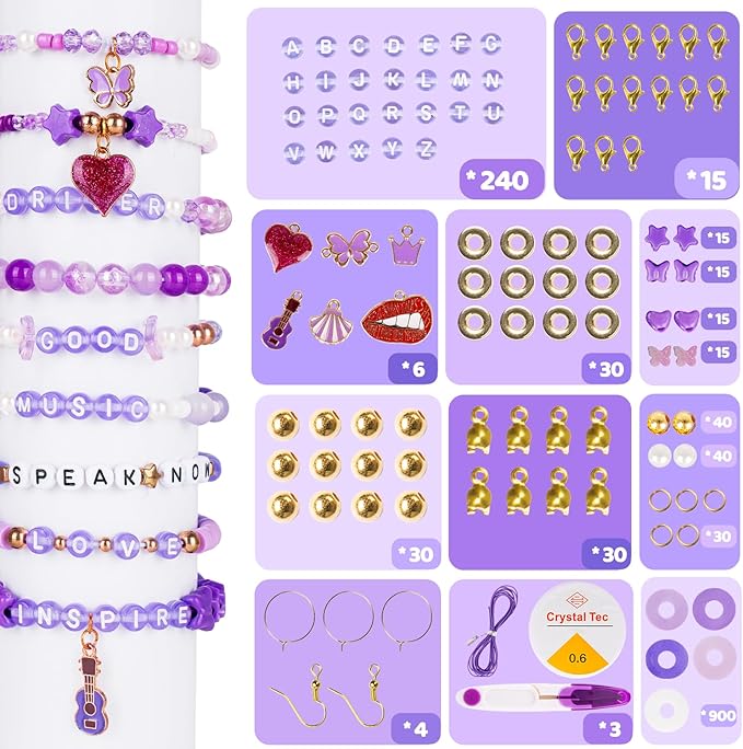 Goldwise Jewelry Making Bead Kit for Adults – Purple Glass & Clay Beads with Letter Beads and Charms, DIY Bracelets & Fashion Accessories Supplies