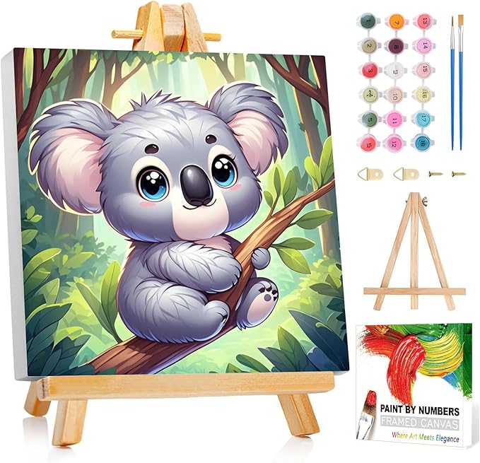 Reivworl Paint by Numbers Kit for Kids with Frame and Easel, Koala Paint by Number for Kids Age 6-8-12, Acrylic Paint by Numbers for Gifts and Home Decor (8X8inch)