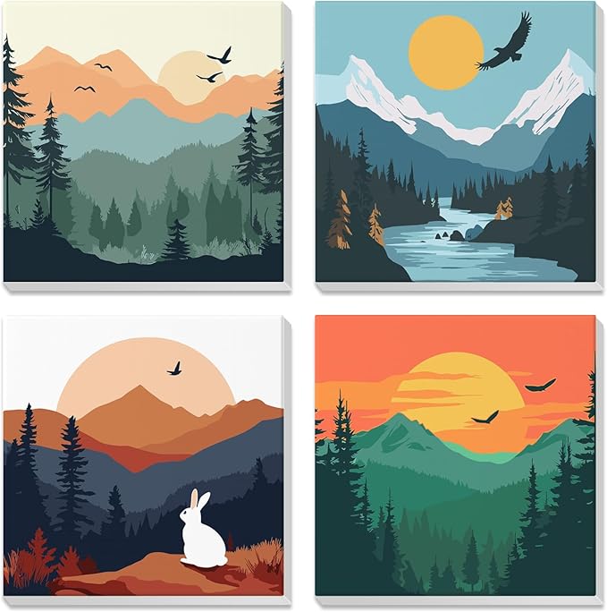 4 Pack Paint by Numbers for Adults with Wooden Framed, Nature Scenery, Sunset, Paint by Number Kits on Canvas for Beginner, DIY Acrylic Oil Painting Kits for Home Decor 8x8 inch, Mountain Landscape