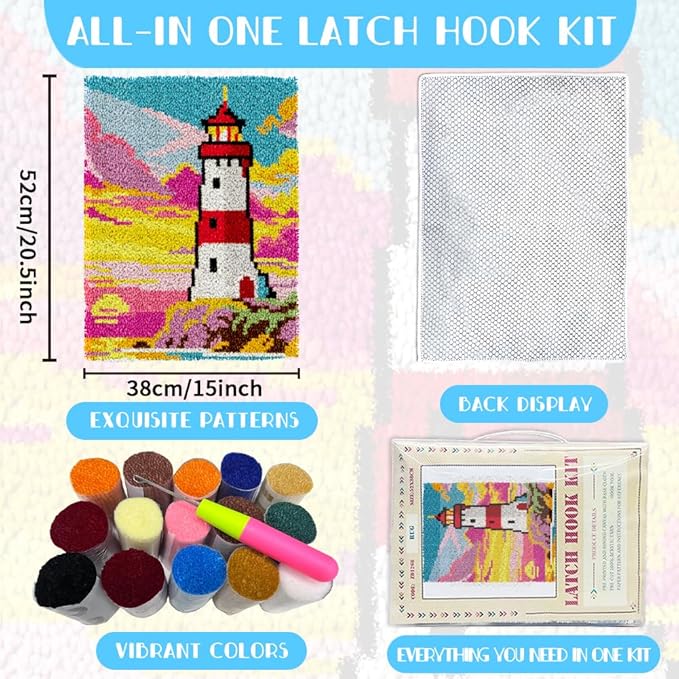 ORIGACH Lighthouse Latch Hook Rug Kit for Adults Printed Rug Making Kit Handmade Carpet Tapestry Cover with Hook Latch and Preprinted Canvas, Home Arts Crafts Sofa Decor, 20.5x15inch