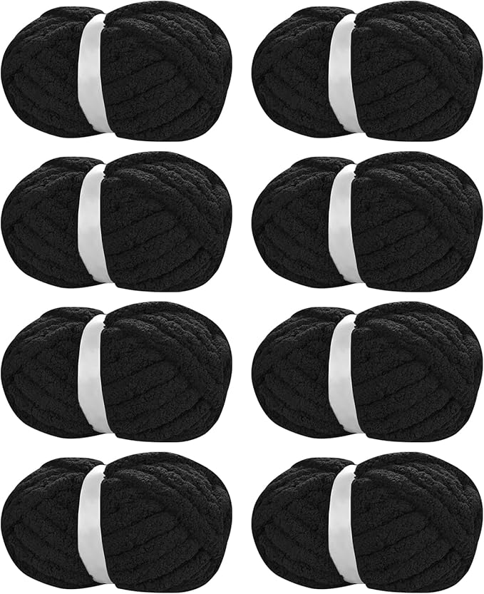 Chunky Chenille Yarn for Hand Knitting,Fluffy Soft Jumbo Yarn by Circular Needle & Crochet Hook,Super Bulky Big Yarn for Chunky Blanket,8 Pack,Black