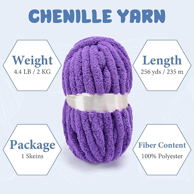Chunky Yarn for Hand Knitting, Jumbo Chunky Yarn for Crocheting, Chunky Chenille Yarn, 1 Pack (32 yds 8.5 oz Each Skein),#7, Violet