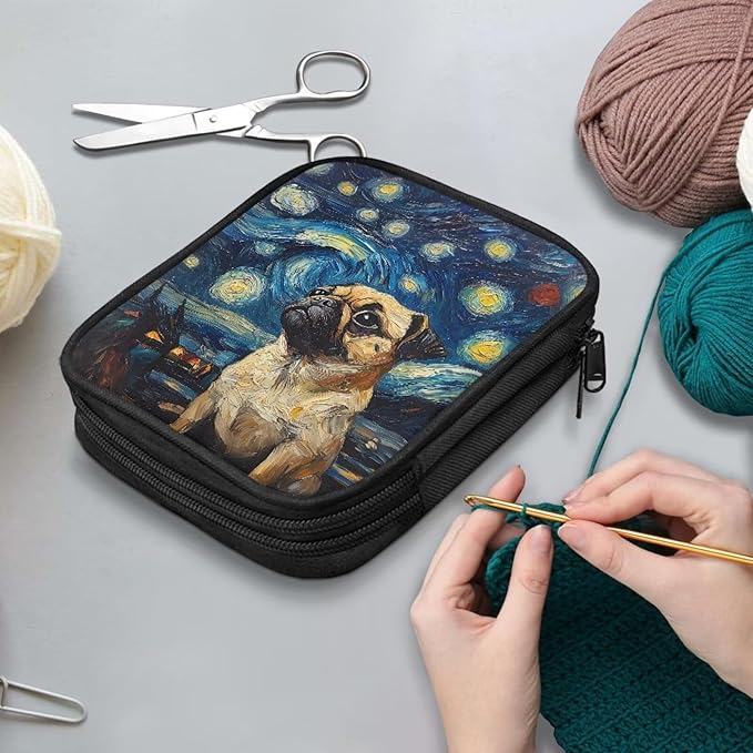 Hechitok Starry Night Bulldog Knitting Needles Case Empty Zipper Bags Organizer Portable Travel Crochet Hook Storage Bag with Web Pocket for Carrying Various Crochet Needles