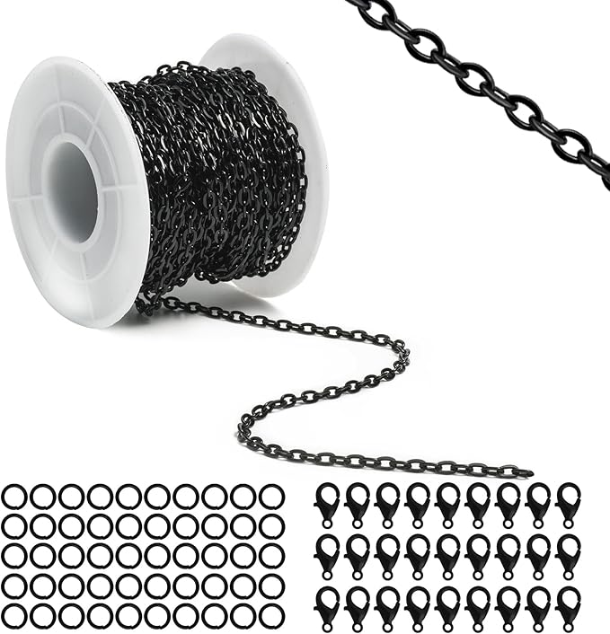 Lemonkey 33 Feet Metal Black Necklace Chains Cable O-Shaped Links Chains Bulk for Jewelry Making DIY Craft Kit with Lobster Clasps Jump Rings