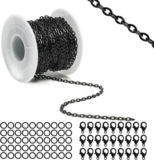 Lemonkey 33 Feet Metal Black Necklace Chains Cable O-Shaped Links Chains Bulk for Jewelry Making DIY Craft Kit with Lobster Clasps Jump Rings