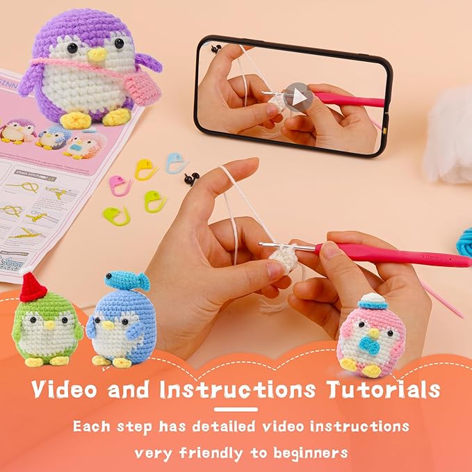 IMZAY 4 Pack Crochet Kit for Beginners, Beginner Animal Kit, Cute Starter with Video Tutorial, 2 Hooks, Colored Yarns, 5 Stitch Markers Complete Set to Make Penguins