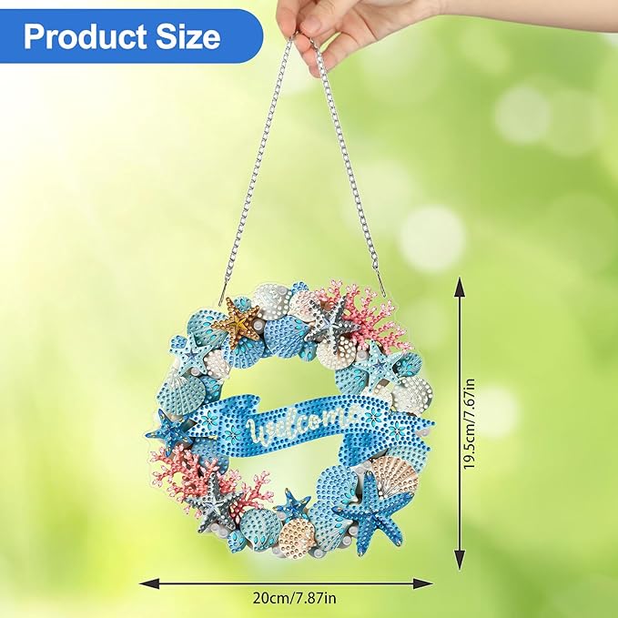 CEOVR Beach Hanging Diamond Art for Adults, Summer Seashell Diamond Painting Pendant DIY Welcome Sign Gem Art Wall Ornament, Acrylic Home Garden Decor with Chain, Box Kit 7.87×7.67inch
