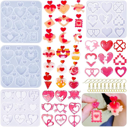 4 Pack Heart Resin Earring Molds Love Heart Flower Shape Earring Silicone Molds for Mother's Day Epoxy Casting UV Resin Molds with 200 Earring Hook kit for DIY Crafts Jewelry Making Keychains Pendant