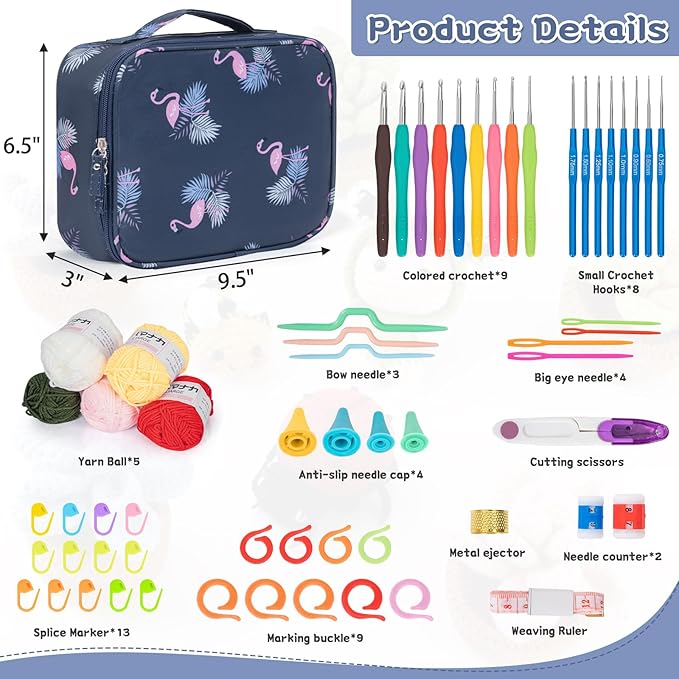 GMAK 59 PCS Crochet Kit for Beginners Adults, Crocheting Sets Include Yarn, Hooks and Tools, Portable Crochet Starter Kit for Making Variety Projects Crocheting Supplies, Navy Flamingo