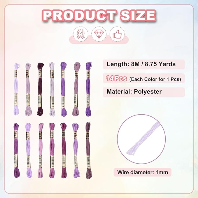 PATIKIL 14 Skeins Embroidery Floss, Polyester Embroidery Threads Bracelets String for Cross-Stitch Hand Embroidery, Multicolored Purple