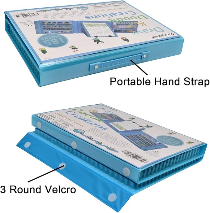 Sunnyglade 185 Pieces Double Sided Trifold Easel Art Set, Drawing Art Box with Oil Pastels, Crayons, Colored Pencils, Markers, Paint Brush, Watercolor Cakes, Sketch Pad (Blue)
