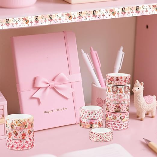 12 Rolls Fairy Washi Tape Set, Fairy Mushroom Butterfly Floral Decorative Tape, Pink Watercolor Masking Tapes for Scrapbooking Journaling Party Supplies, DIY Art Crafts, Gift Wrapping 16.4FT