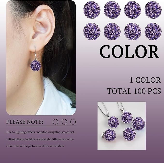 10mm Grade A Rhinestone Beads for Baseball Necklace-Round Disco Ball Beads Rhinestone Clay Bead for Earring Jewelry Making,Necklace Bracelet,DIY Craft Supplies(100 pcs Orchid)