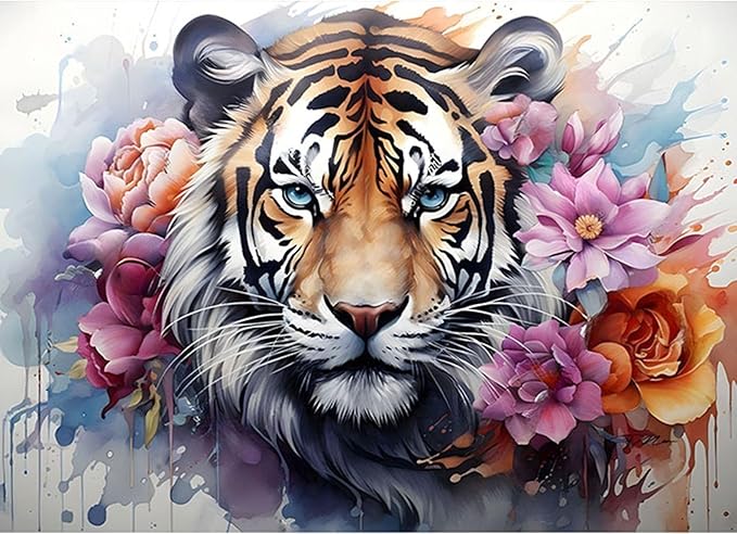 SENQAO Tiger Diamond Painting Kits for Adults, Animal Flower DIY 5D Diamond Art Kits Full Drill Diamond Dots Paintings with Diamonds Gem Art and Crafts Home Decor 12x16inch
