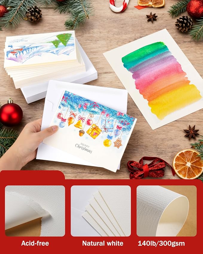 Watercolor Cards and Envelopes Set - 50 Folded 5x7 Inch Blank Heavyweight Paper Cards (140lb/300gsm) with Matching Envelopes for DIY Greeting Cards, Festivals, and Events