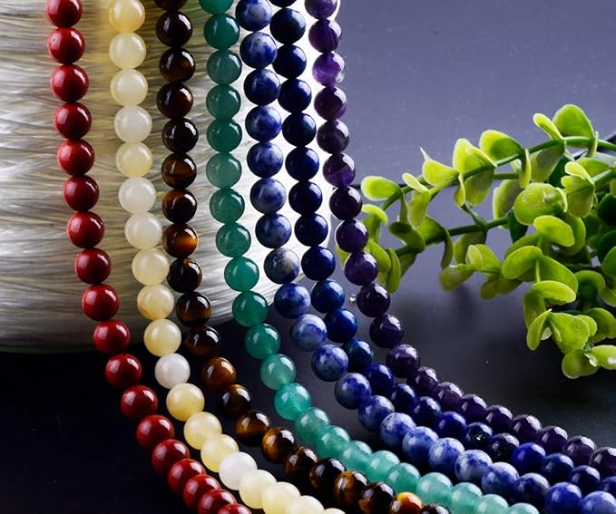 7 Chakra Natural Stone Beads Mixed 100pcs 8mm Round Genuine Real Stone Beading Loose Gemstone Amethyse Color DIY Smooth Beads for Bracelet Necklace Earrings Jewelry Making