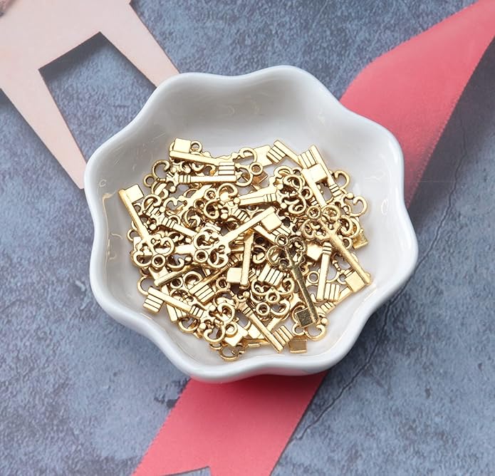 50 Pcs Keys Pendants Beading Supplies Vintage Metal Mini Key Charms for DIY Jewelry Making Kit Handmade Necklace Bracelet Key Ring Chain Earring Party Decoration