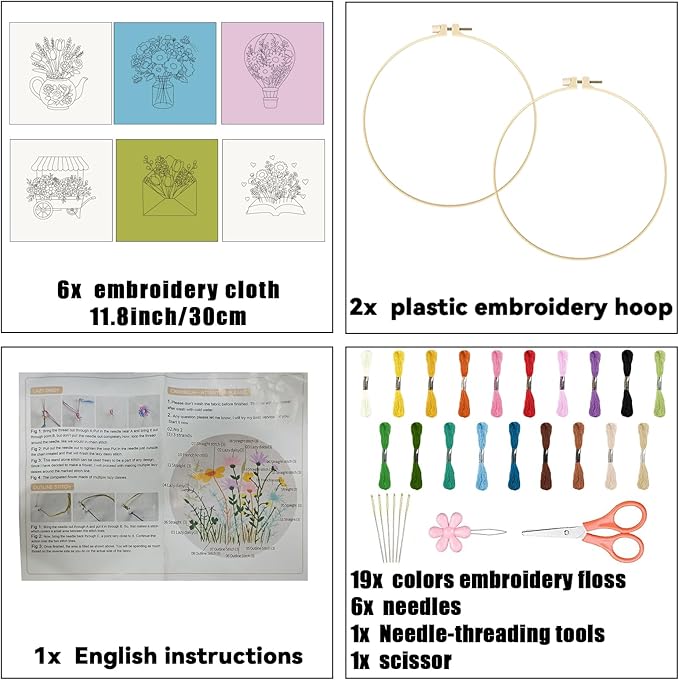 ORIGACH 6 Pack Vase Letter Book & Flower Wreath Embroidery Kits for Beginners, DIY Starter Hand Embroidery Kit with Floral & Objects Patterns and Instructions for Adults Women Crafting