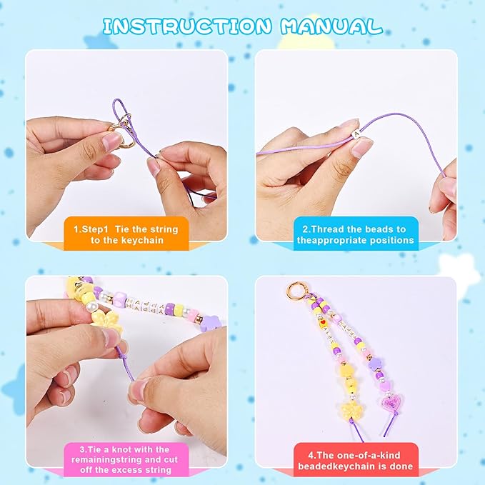 Grnheat 495 Pcs Bead Keychain Making Kit - Acrylic Letter Beads with Heart Star Flower Charms - Personalized Name Jewelry Set for Backpack Bag Charm Bracelet Crafts Supplies