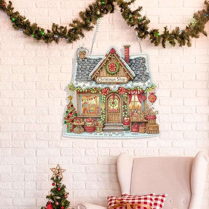 Christmas Shop Diamond Art Kits for Adults, DIY Pendant Diamond Painting Kits for Beginners, 5D Special Shape Full Drill Hanging Diamond Gem Art Painting Kits for Window Suncatchers for Home Decor