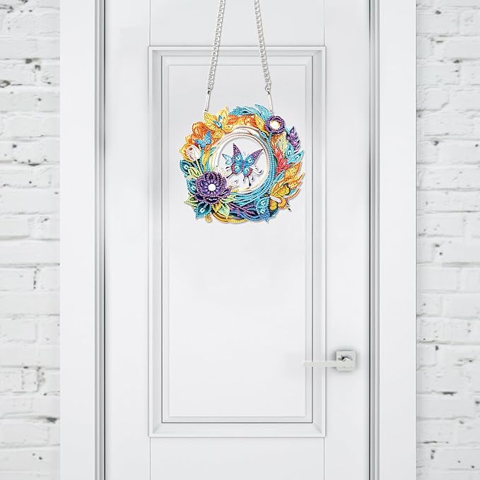 Flower Birdcage Design DIY Diamond Art Painting Wreath Kits Special Shaped Rhinestone Diamond Art Window Pendants Home Garden Wall Hanging Kits (Single Side Point Drill) (#11-Cat) (#14-Butterfly)