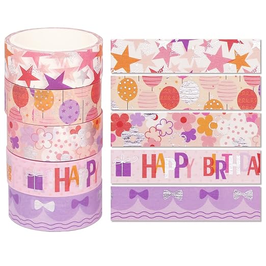 YUBX Birthday Washi Tape Set 15 Rolls Silver Foil Print Decorative Masking Tapes for Arts, DIY Crafts, Journals, Planners, Scrapbook, Wrapping