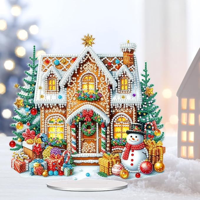 LAKEQUILL Christmas Diamond Painting Kits, Tabletop Ornament, Stand Up Diamond Art Desktop Kits Cookie House for Home Office Decor, New Year Gift