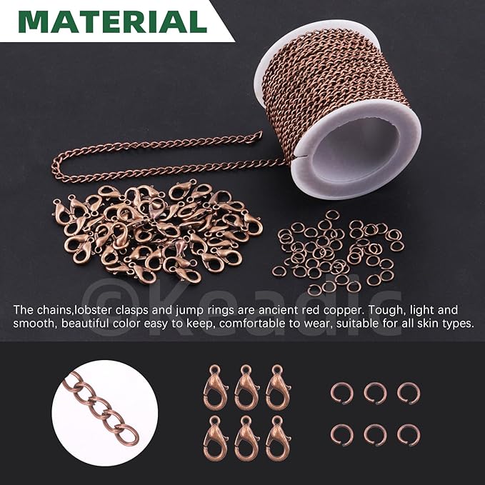 Keadic 102Pcs 30 Feet Jewelry Making Chains Kit W 3mm Metal Necklace Twisted Links Chain, Lobster Clasps, Open Jump Rings and Jewelry Pliers for Bracelet Earring Anklet DIY (Copper)