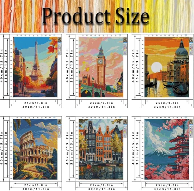 6 Pack Stamped Cross Stitch Kits for Adults - Cross Stitch Kits for Beginners,11 CT Famous Cityscape Cross Stitch Patterns Dimensions DIY Counted Cross Stitch Kits for Adults Arts Craft 12x16 inch