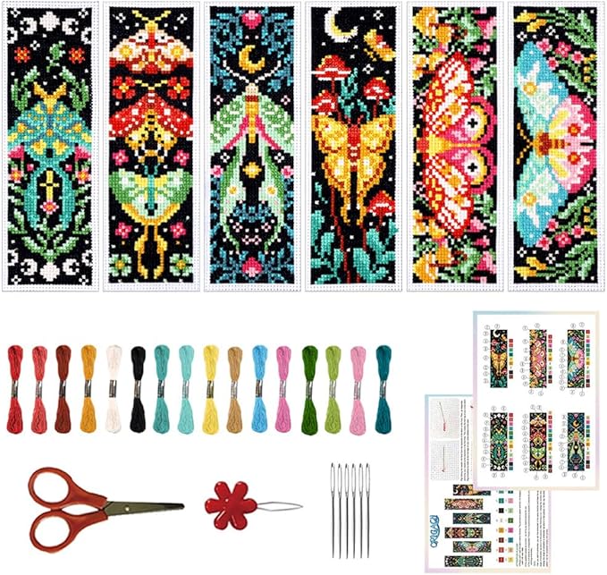 ORIGACH 6 Pcs Cross Stitch Bookmark Kit for Beginner Adults, Vivid Moths Stamped Embroidery Bookmark Kit with Instruction for Starters Printed Cross Stitch DIY Kits for Book Lovers
