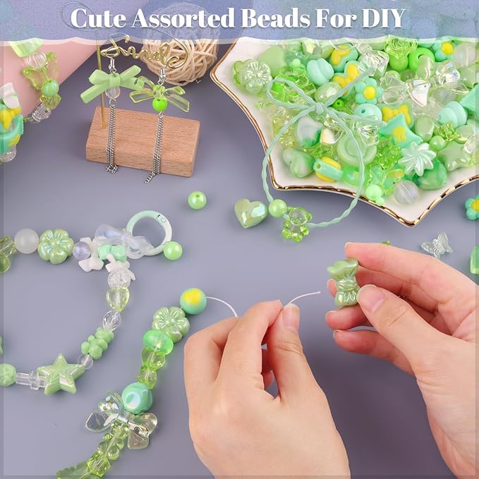 200-260pcs tinkrstuff assorted green acrylic beads for bracelet making, cute beads for jewelry making flower bow butterfly candy gummybear aesthetic bracelet charms, diy necklace keychain phone charm