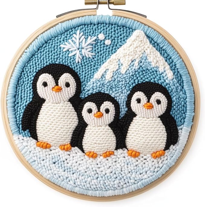 DIY Punch Needle Kits Cute Cartoon Penguins Family with Snow Mountain Embroidery Punch Needle Starter Craft with Hoop Easy for Beginners for Festival t and Decoration 20x20cm-3