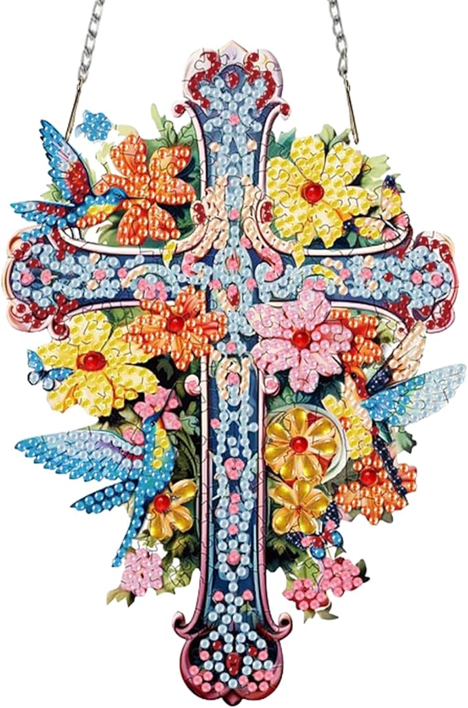 Auremi Cross Diamond Art Painting Pendant Kits with Chain 5D Flower Diamond Art Hanging Kit DIY Diamond Crystal Window Door Hanging Pendant Kit for Adults Gift Wall Decor