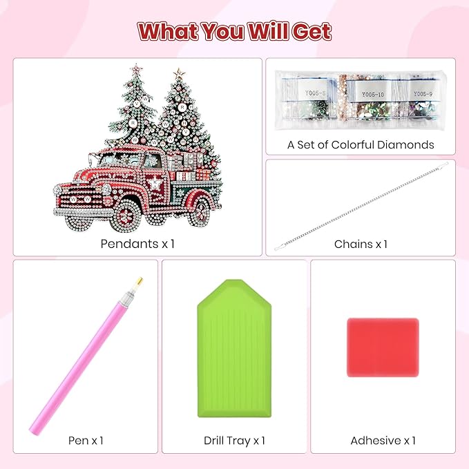 MOGTAA Christmas Truck Diamond Art Hanging Kits for Adults Kids, Christmas Tree Diamond Art Suncatchers, 5D Special Shape Diamond Painting Window Pendant Kit for Home Garden Wall Decor