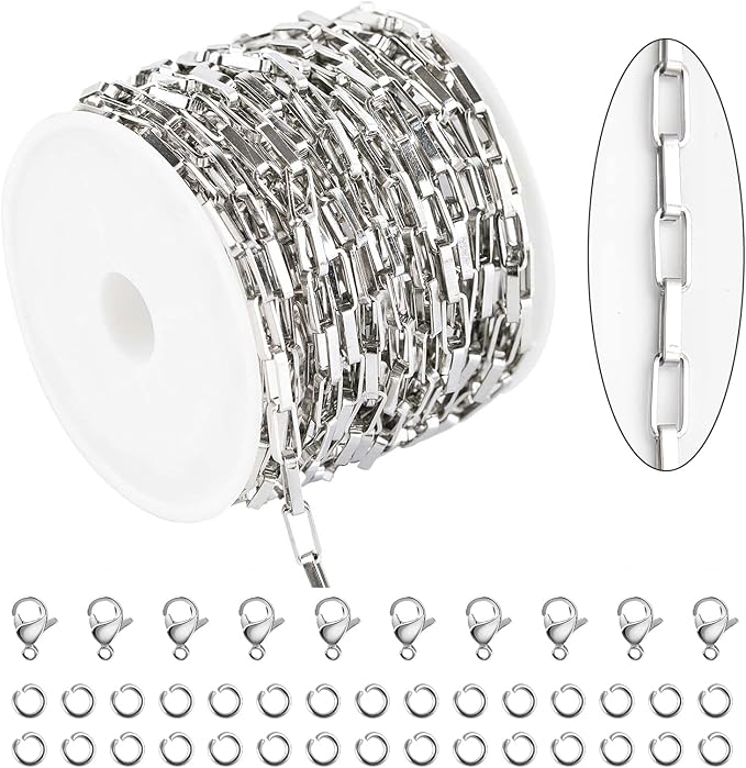 KYUNHOO 16.4 Feet Silver Stainless Steel Chain for Jewelry Making Long Box Link Chains Bulk on Spool for DIY Women Necklace Jewelry Supplies with Jump Rings and Lobster Claps