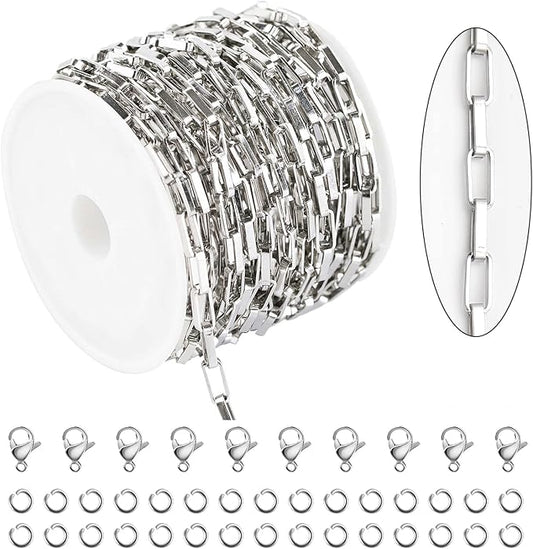 KYUNHOO 16.4 Feet Silver Stainless Steel Chain for Jewelry Making Long Box Link Chains Bulk on Spool for DIY Women Necklace Jewelry Supplies with Jump Rings and Lobster Claps