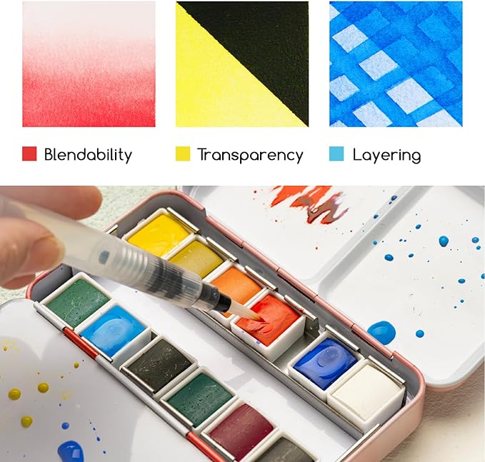 MEEDEN 12 Colors Watercolor Paint Set: Travel Watercolor Set with Brush in Half Pans - Portable Watercolor Paints for Adults & Artist