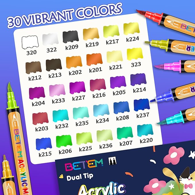 Betem 30 Metallic Acrylic Paint Markers, Dual Tip Acrylic Paint Pens with Brush Tip and Fine Tip, Art Supplies for Rock Painting, Wood, Stone, Glass, Ceramic, DIY Crafts Making Drawing Kit