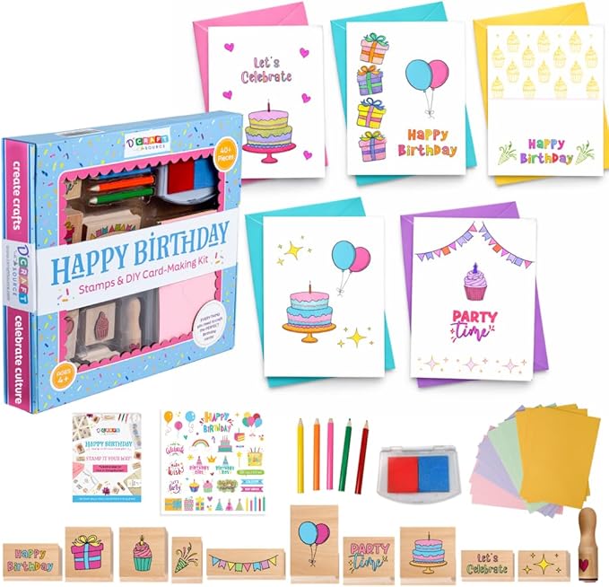 Birthday Card Making Kit for Kids – DIY Craft Kit with Wooden Stamps, Cards, Stickers & Ink Pad – Makes 12 Cards – Party Activity & Gift for Ages 4+