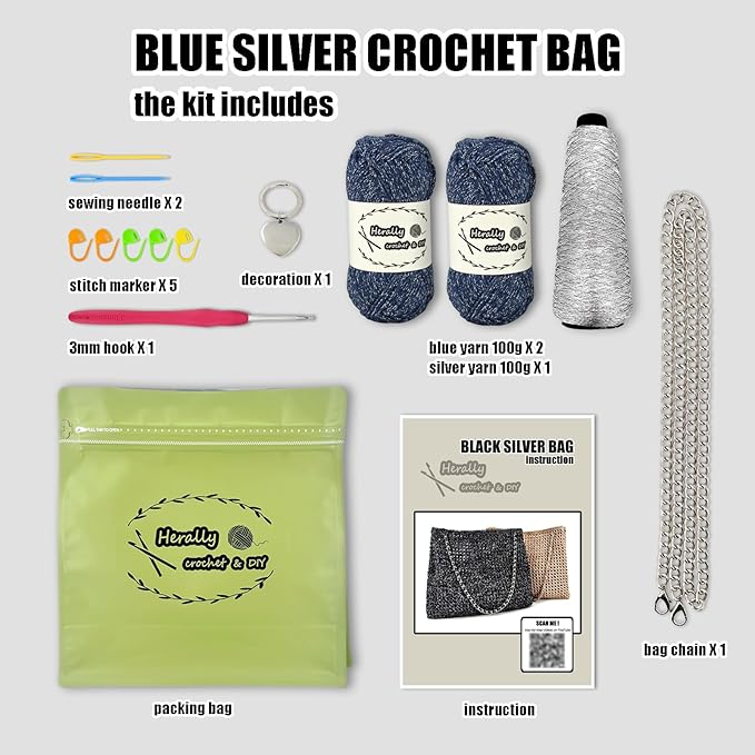 Herally Crochet Kit DIY for Beginners - Include Yarn, Hook and Accessory - with Step by Step Video Tutorials - Shining Tote Bag (Navy Blue)