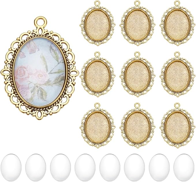 PH PandaHall 60pcs Gold Pendant Trays Kit, 30pcs Oval Blank Bezel Pendant Trays Base, 30pcs 25x18mm Glass Cabochon Dome Tiles for Bridal Wedding Bouquet Graduation Photo Charm Making DIY